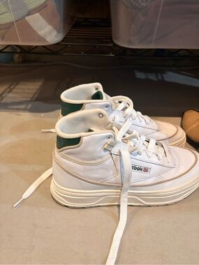 Reebok White Leather High-Top Sneakers with Green Heel